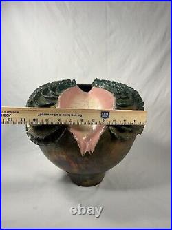 ULTRA UNIQUE RARE Round Iridescent Raku Vase Studio Art Pottery LARGE 12 Helene