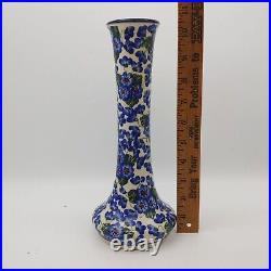 Unikat Boleslawiec Polish Pottery Vase Lamp Base 10 Tall Blue Floral Signed