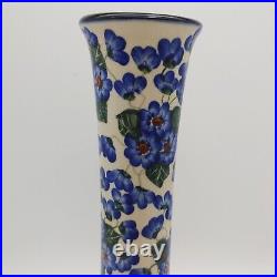 Unikat Boleslawiec Polish Pottery Vase Lamp Base 10 Tall Blue Floral Signed