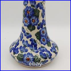 Unikat Boleslawiec Polish Pottery Vase Lamp Base 10 Tall Blue Floral Signed