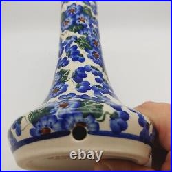 Unikat Boleslawiec Polish Pottery Vase Lamp Base 10 Tall Blue Floral Signed