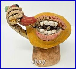 Unique Outsider Folk Art Pottery Mushroom Eating Red Hot Chili Pepper Sculpture