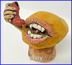 Unique Outsider Folk Art Pottery Mushroom Eating Red Hot Chili Pepper Sculpture