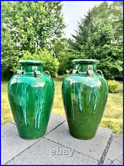 VTG Chinese Martaban Pottery Green Drip Glaze Ceramic Floor Vase 16.5 set Of 2