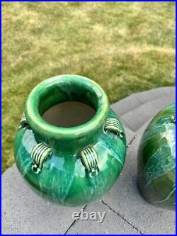 VTG Chinese Martaban Pottery Green Drip Glaze Ceramic Floor Vase 16.5 set Of 2