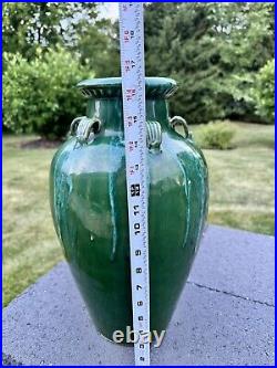 VTG Chinese Martaban Pottery Green Drip Glaze Ceramic Floor Vase 16.5 set Of 2