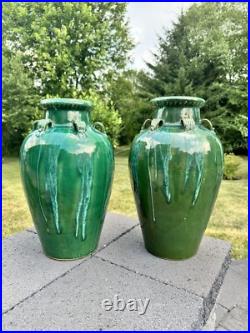 VTG Chinese Martaban Pottery Green Drip Glaze Ceramic Floor Vase 16.5 set Of 2