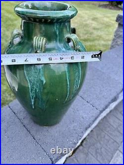 VTG Chinese Martaban Pottery Green Drip Glaze Ceramic Floor Vase 16.5 set Of 2