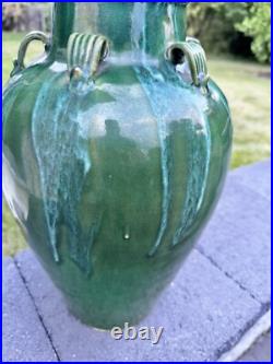 VTG Chinese Martaban Pottery Green Drip Glaze Ceramic Floor Vase 16.5 set Of 2