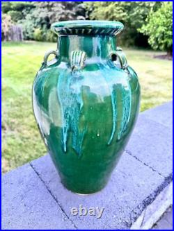 VTG Chinese Martaban Pottery Green Drip Glaze Ceramic Floor Vase 16.5 set Of 2
