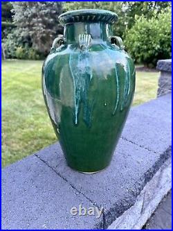 VTG Chinese Martaban Pottery Green Drip Glaze Ceramic Floor Vase 16.5 set Of 2