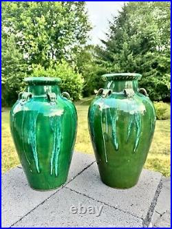 VTG Chinese Martaban Pottery Green Drip Glaze Ceramic Floor Vase 16.5 set Of 2