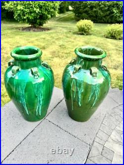 VTG Chinese Martaban Pottery Green Drip Glaze Ceramic Floor Vase 16.5 set Of 2