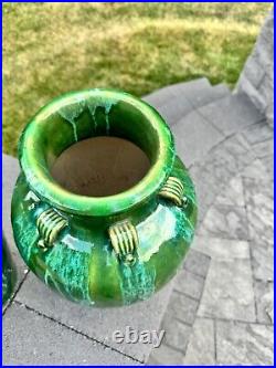 VTG Chinese Martaban Pottery Green Drip Glaze Ceramic Floor Vase 16.5 set Of 2