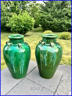 VTG Chinese Martaban Pottery Green Drip Glaze Ceramic Floor Vase 16.5 set Of 2