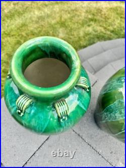 VTG Chinese Martaban Pottery Green Drip Glaze Ceramic Floor Vase 16.5 set Of 2