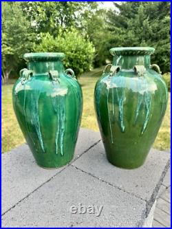 VTG Chinese Martaban Pottery Green Drip Glaze Ceramic Floor Vase 16.5 set Of 2