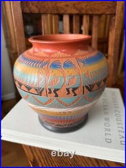 VTG Native Kokapelli Earth Pottery Vase Artist Signed Loren Watchman Vessel Pot