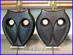 VTG Pair Ultra Modern Black & Gray Speckled Haeger Art Deco Pottery Owl Lamps