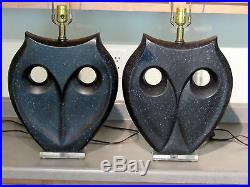 VTG Pair Ultra Modern Black & Gray Speckled Haeger Art Deco Pottery Owl Lamps