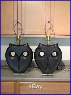 VTG Pair Ultra Modern Black & Gray Speckled Haeger Art Deco Pottery Owl Lamps