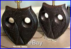 VTG Pair Ultra Modern Black & Gray Speckled Haeger Art Deco Pottery Owl Lamps