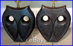 VTG Pair Ultra Modern Black & Gray Speckled Haeger Art Deco Pottery Owl Lamps