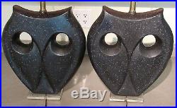 VTG Pair Ultra Modern Black & Gray Speckled Haeger Art Deco Pottery Owl Lamps