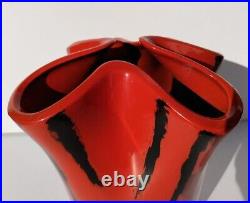 VTG STRIKING SCARLET RED pinched vase art pottery ruffle ceramic black MCM