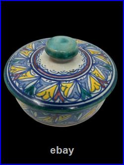 Vintage 1920's Afro-Moroccan Art Pottery Ceramic Bowl/Lid Moorish Signed EUC