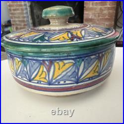 Vintage 1920's Afro-Moroccan Art Pottery Ceramic Bowl/Lid Moorish Signed EUC