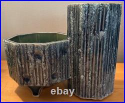 Vintage 1970s Abstract Ceramic Ikebana Style Planter Modern Pottery Blue Signed