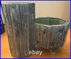 Vintage 1970s Abstract Ceramic Ikebana Style Planter Modern Pottery Blue Signed