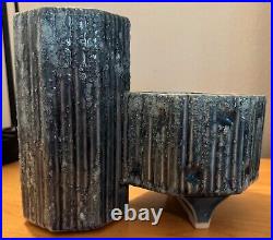 Vintage 1970s Abstract Ceramic Ikebana Style Planter Modern Pottery Blue Signed