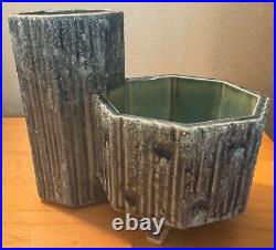 Vintage 1970s Abstract Ceramic Ikebana Style Planter Modern Pottery Blue Signed