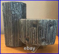 Vintage 1970s Abstract Ceramic Ikebana Style Planter Modern Pottery Blue Signed