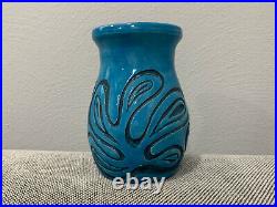 Vintage 1974 Turquoise Blue Glazed Art Pottery Vase Abstract Dec. Signed Kemper Vintage 1974 Turquoise Blue Glazed Art Pottery Vase Abstract Dec. Signed Kemper