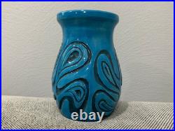 Vintage 1974 Turquoise Blue Glazed Art Pottery Vase Abstract Dec. Signed Kemper