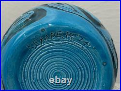 Vintage 1974 Turquoise Blue Glazed Art Pottery Vase Abstract Dec. Signed Kemper