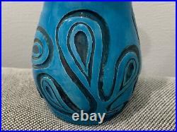 Vintage 1974 Turquoise Blue Glazed Art Pottery Vase Abstract Dec. Signed Kemper