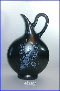 Vintage Art Pottery Weller Painted Pitcher Vase Ewer Rare Peacock Collectible