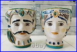 Vintage Caltagirone Italian Majolica Moorish Head Vases Man and Woman Signed