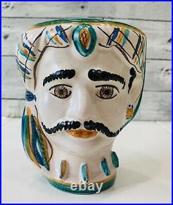 Vintage Caltagirone Italian Majolica Moorish Head Vases Man and Woman Signed