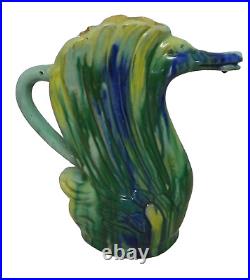 Vintage Ceramic Swan Art Pottery Pitcher Blue Green Yellow Turquoise 13 Tall