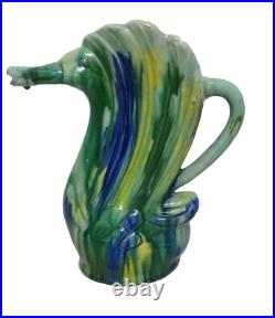 Vintage Ceramic Swan Art Pottery Pitcher Blue Green Yellow Turquoise 13 Tall