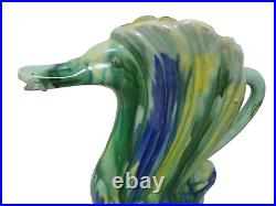 Vintage Ceramic Swan Art Pottery Pitcher Blue Green Yellow Turquoise 13 Tall