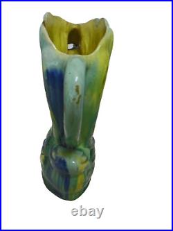 Vintage Ceramic Swan Art Pottery Pitcher Blue Green Yellow Turquoise 13 Tall