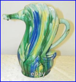 Vintage Ceramic Swan Art Pottery Pitcher Blue Green Yellow Turquoise 13 Tall