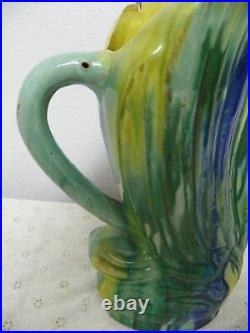 Vintage Ceramic Swan Art Pottery Pitcher Blue Green Yellow Turquoise 13 Tall