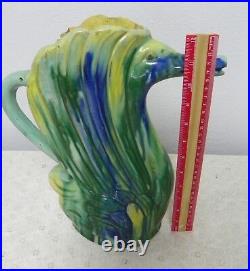 Vintage Ceramic Swan Art Pottery Pitcher Blue Green Yellow Turquoise 13 Tall